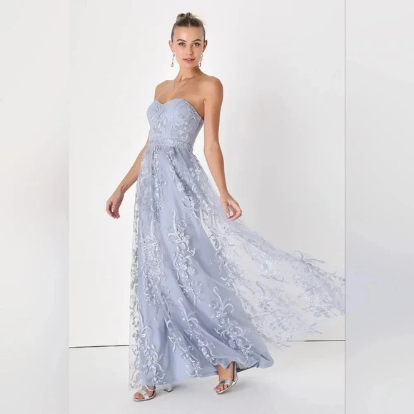 Lulu's Andria Slate Blue Embroidered Strapless Maxi Dress Wedding Party Guest - Picture 3 of 10
